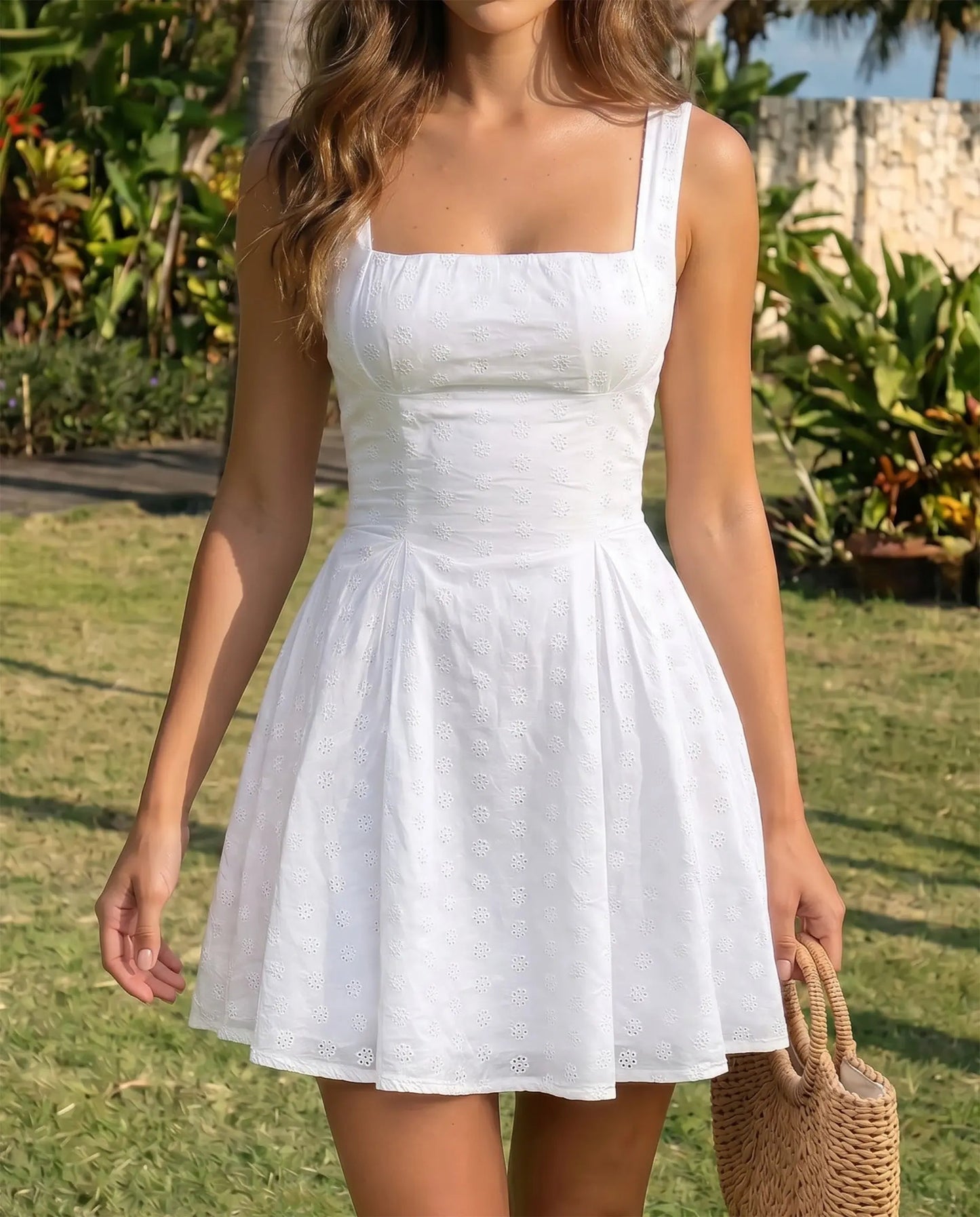 SOLACE Dress White Eyelet Embroidery Square Neck Fit Flare Vacation Mini Dress?