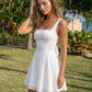 SOLACE Dress White Eyelet Embroidery Square Neck Fit Flare Vacation Mini Dress?