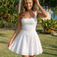 SOLACE Dress White Eyelet Embroidery Square Neck Fit Flare Vacation Mini Dress?