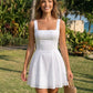 SOLACE Dress White Eyelet Embroidery Square Neck Fit Flare Vacation Mini Dress?