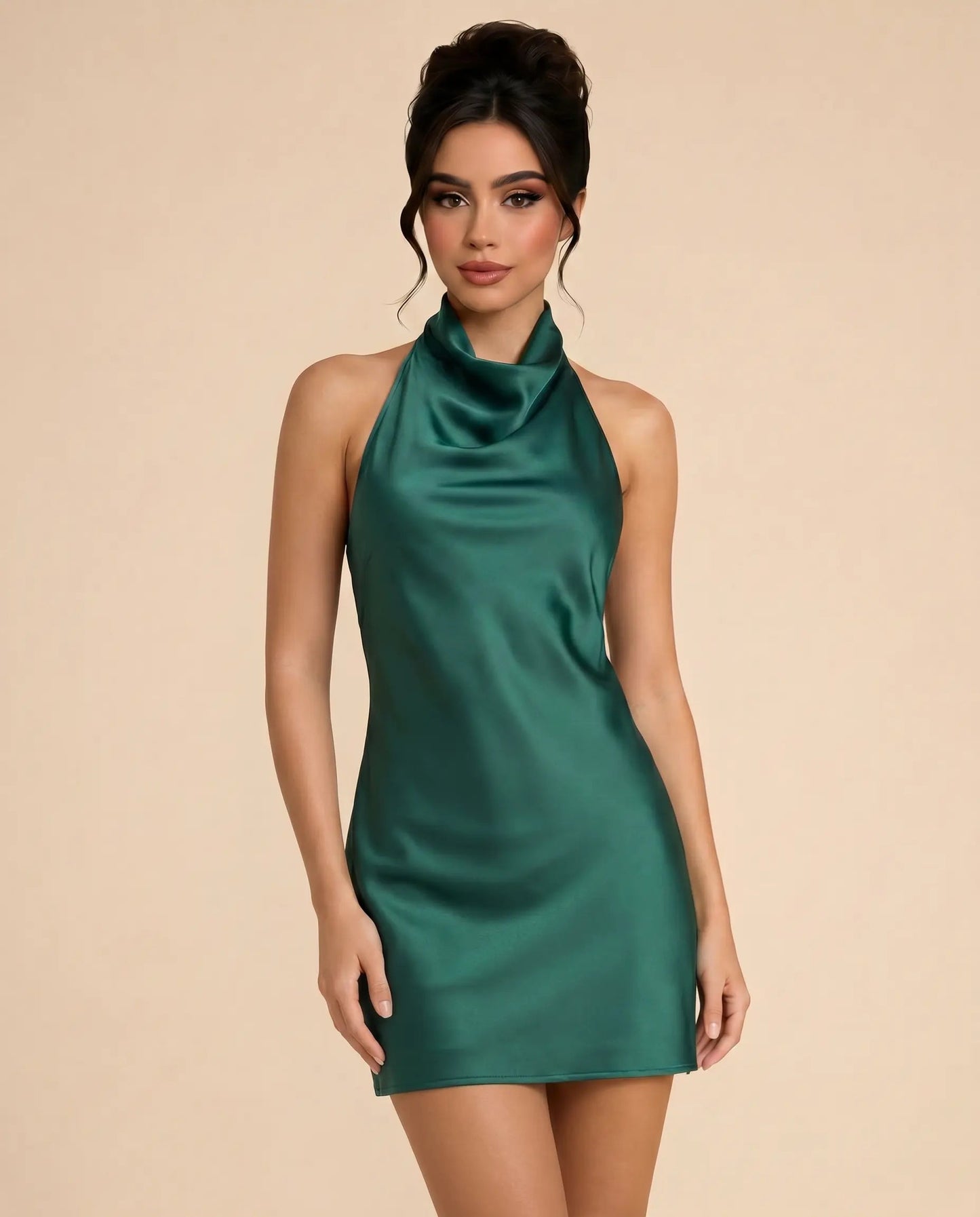 SOLACE  Dark Green Cowl Neck Satin Slim Fit Mini Dress?