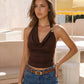 SOLACE  Brown Solid Cowl Neck Halter Casual T-shirt?