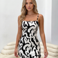 White Abstract Print Square Neck Spaghetti Strap Mini Dress OMFORT