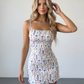 White Floral Print Square Neck Spaghetti Strap Mini Dress OMFORT