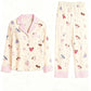 Pink Cartoon Print Stripe Trim Pajamas OMFORT