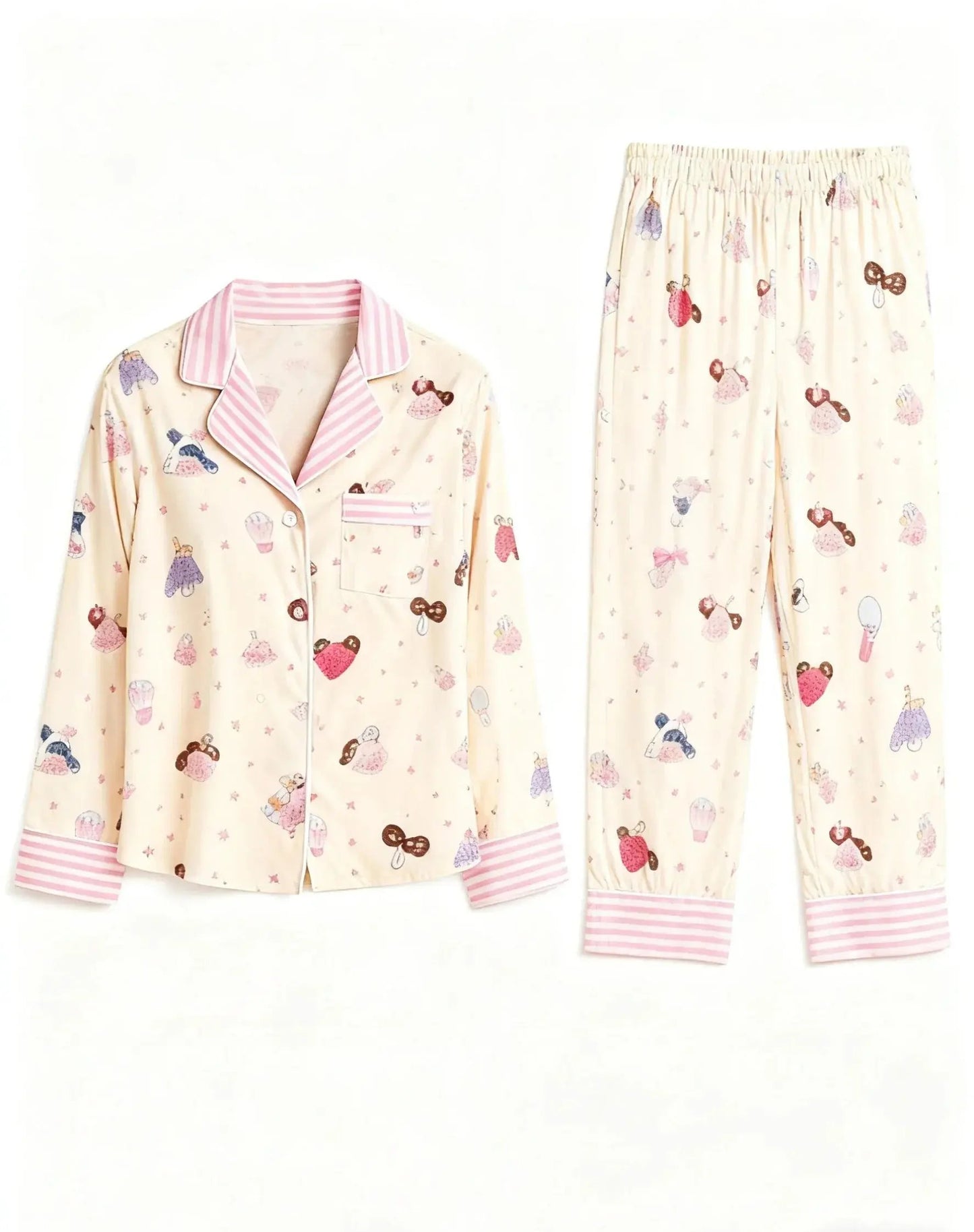 Pink Cartoon Print Stripe Trim Pajamas OMFORT
