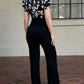 Colorblock Floral Print Spliced Deep V Neck Puff Sleeve Slim Fit Overalls Elegant Ruched Zipper Back Jumpsuit Omfort