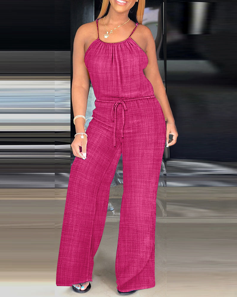 Spaghetti Strap Drawstring Tied Waist Jumpsuit Casual Overalls OMFORT