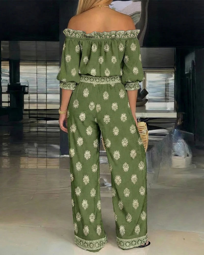 Off Shoulder Half Sleeve Flared Cuffs Top and Wide Leg Pants Set OMFORT