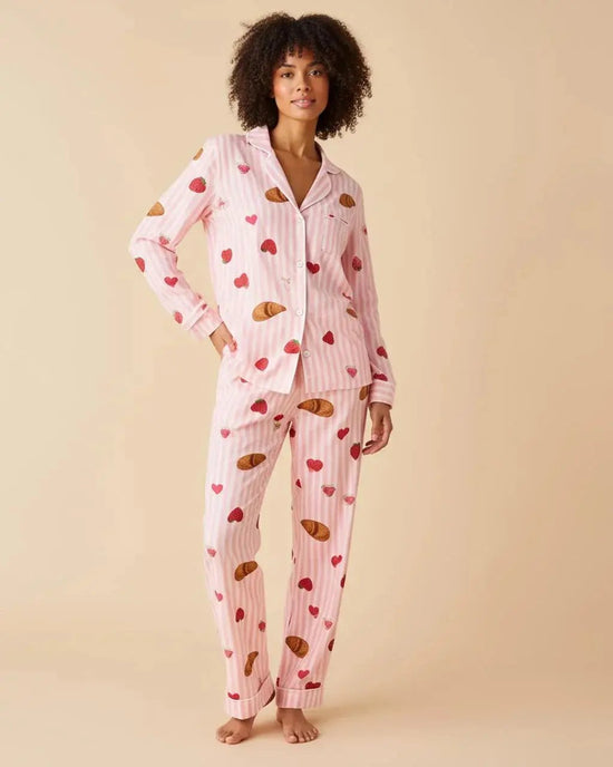 Strawberry Croissant Print Pink Pajama Set OMFORT