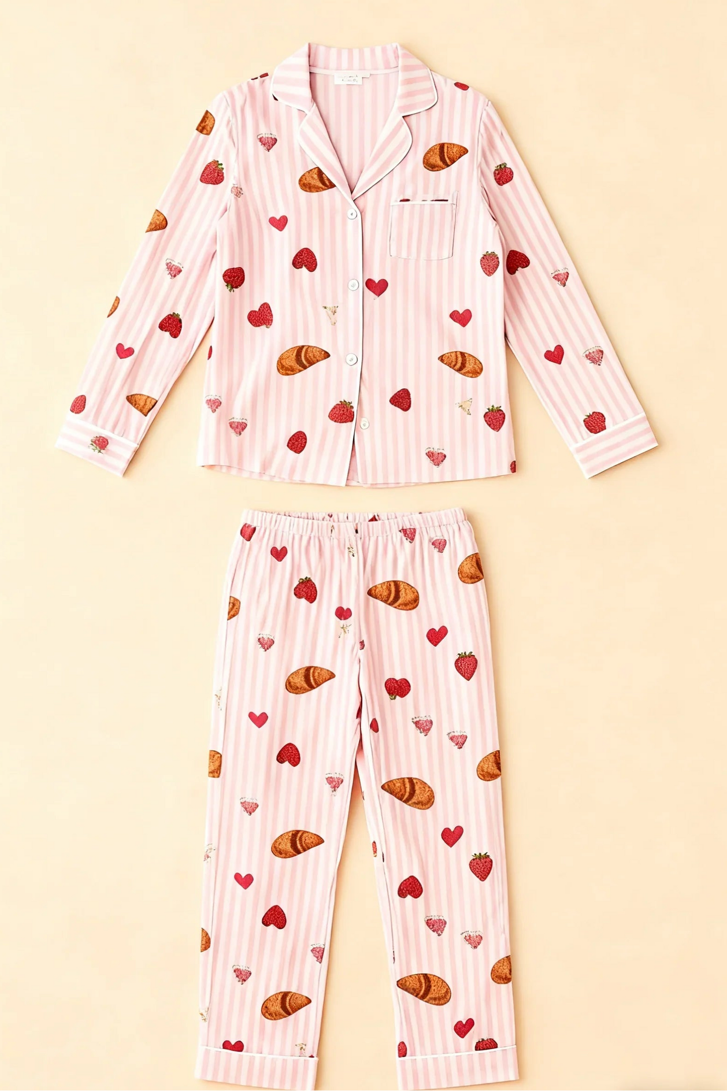 Strawberry Croissant Print Pink Pajama Set OMFORT