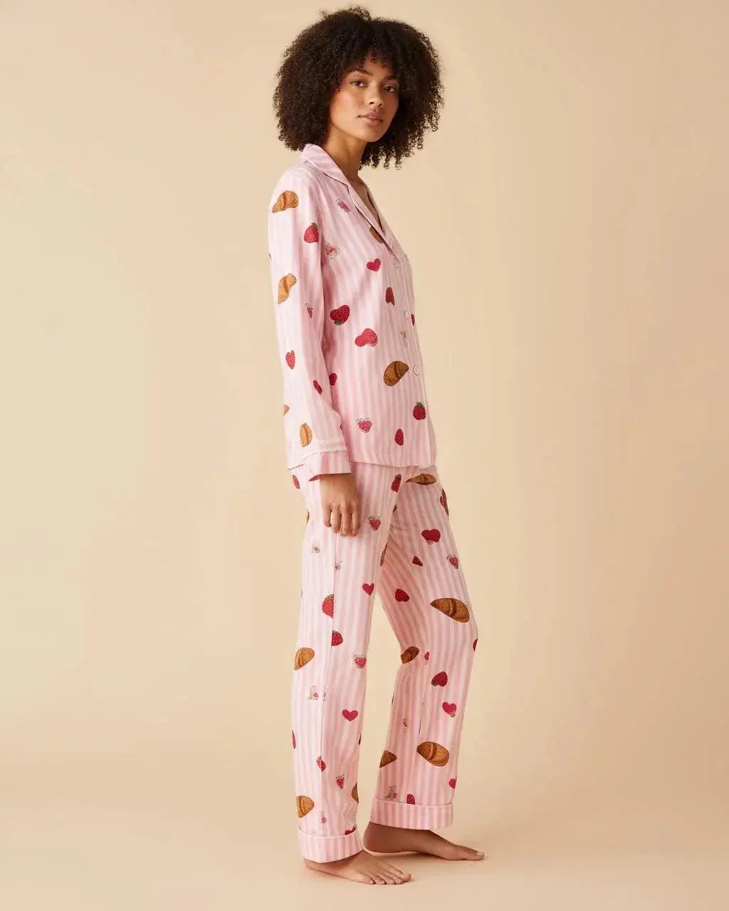 Strawberry Croissant Print Pink Pajama Set OMFORT