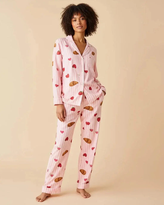 Strawberry Croissant Print Pink Pajama Set OMFORT