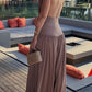 Lightweight Chic Metal Ring Drape Cowl Halter Neck Bodysuit and Elastic Waist Wide Leg Pants Set OMFORT