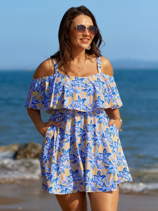Floral Ruffle Trim Off Shoulder Pockets Swim Dress OMFORT