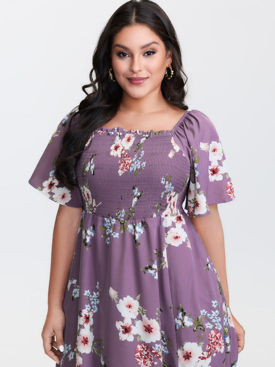 Floral Square Neck Ruffles Pocket Shirred Split Dress OMFORT