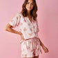 Pink Floral Print Comfortable Satin Short-Sleeve Pajama Set OMFORT