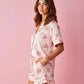 Pink Floral Print Comfortable Satin Short-Sleeve Pajama Set OMFORT