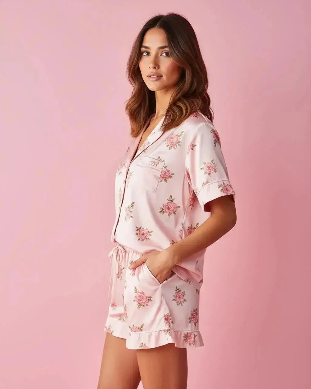 Pink Floral Print Comfortable Satin Short-Sleeve Pajama Set OMFORT
