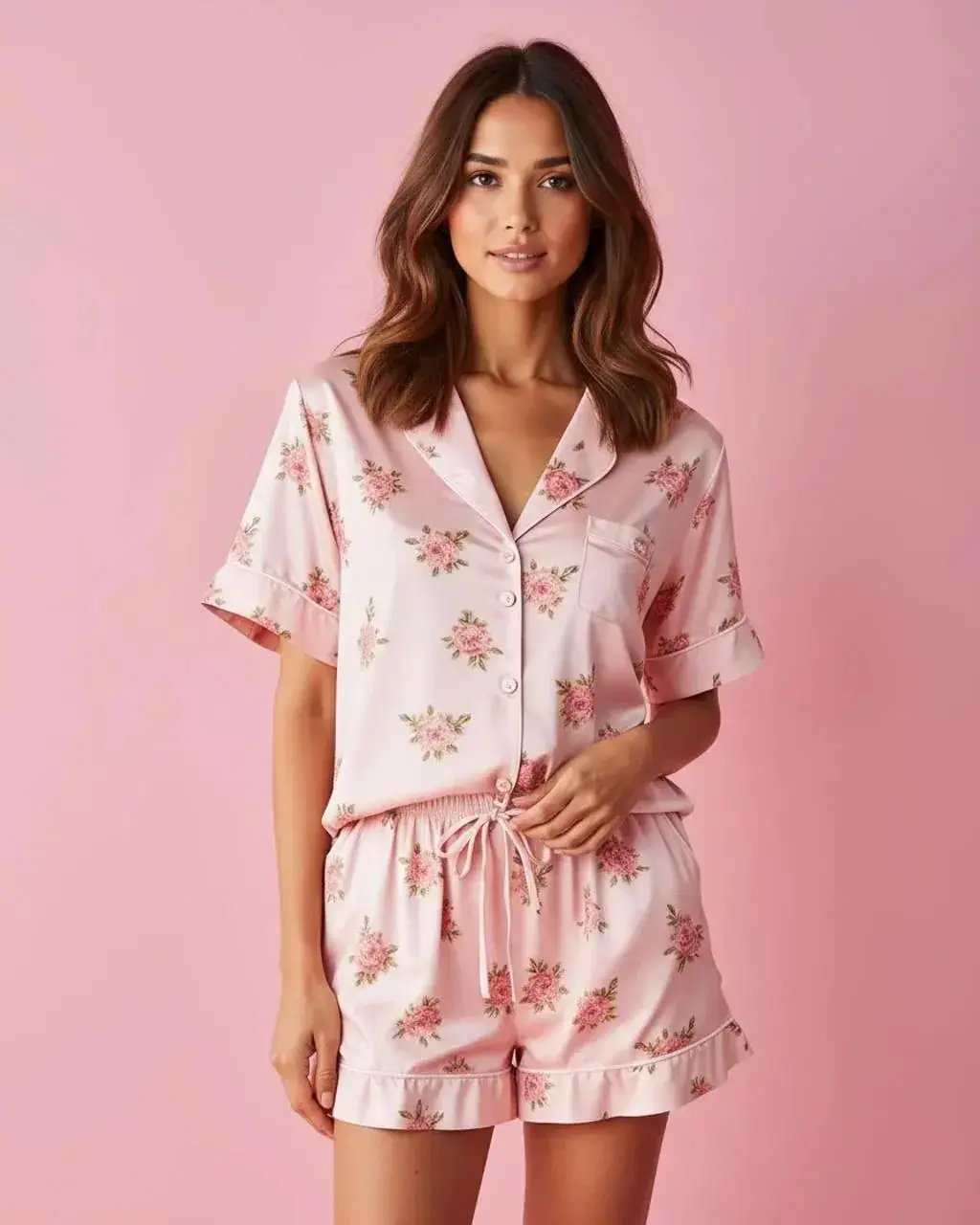 Pink Floral Print Comfortable Satin Short-Sleeve Pajama Set OMFORT