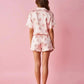 Pink Floral Print Comfortable Satin Short-Sleeve Pajama Set OMFORT