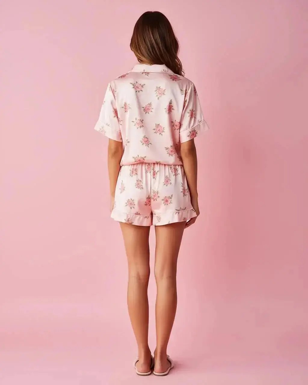 Pink Floral Print Comfortable Satin Short-Sleeve Pajama Set OMFORT