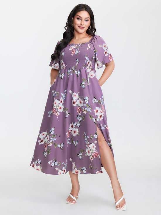 Floral Square Neck Ruffles Pocket Shirred Split Dress OMFORT