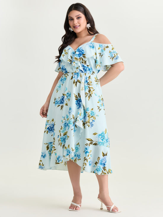Floral Print Ruffled Cold-Shoulder Midi Dress OMFORT