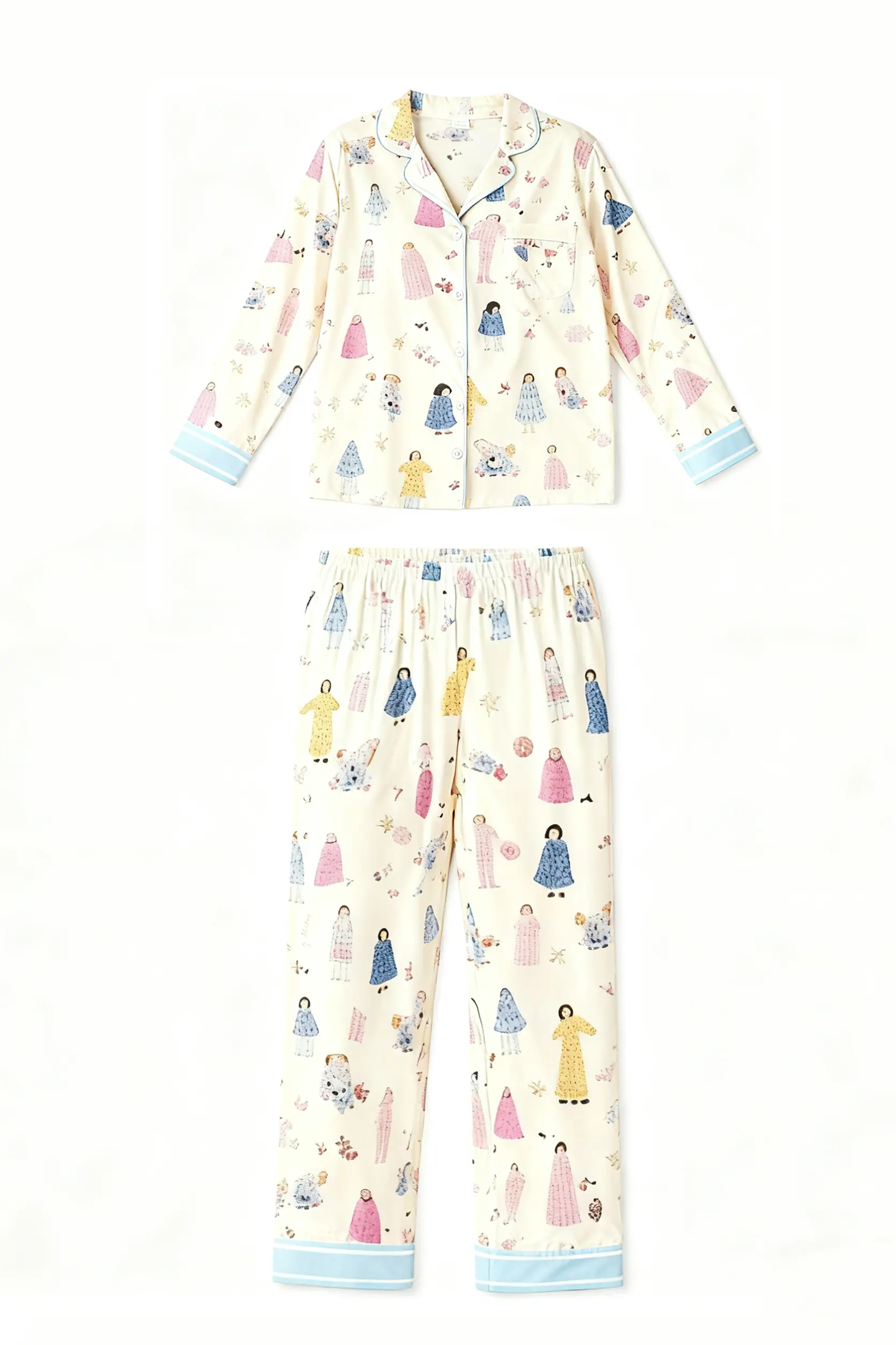 Character Print Blue Trim Lapel Pajama Set OMFORT