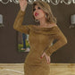 SOLACE  Khaki Sequin Off-Shoulder Long-Sleeved Bodycon Maxi Dress?