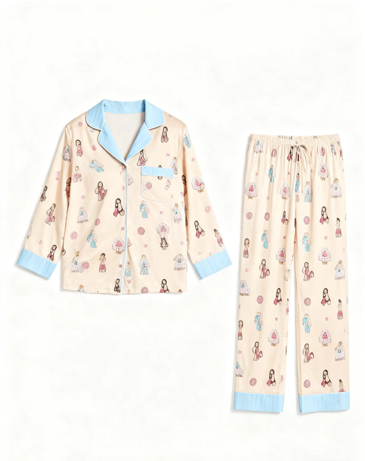 Doll Print Blue Trim Pajama Set OMFORT