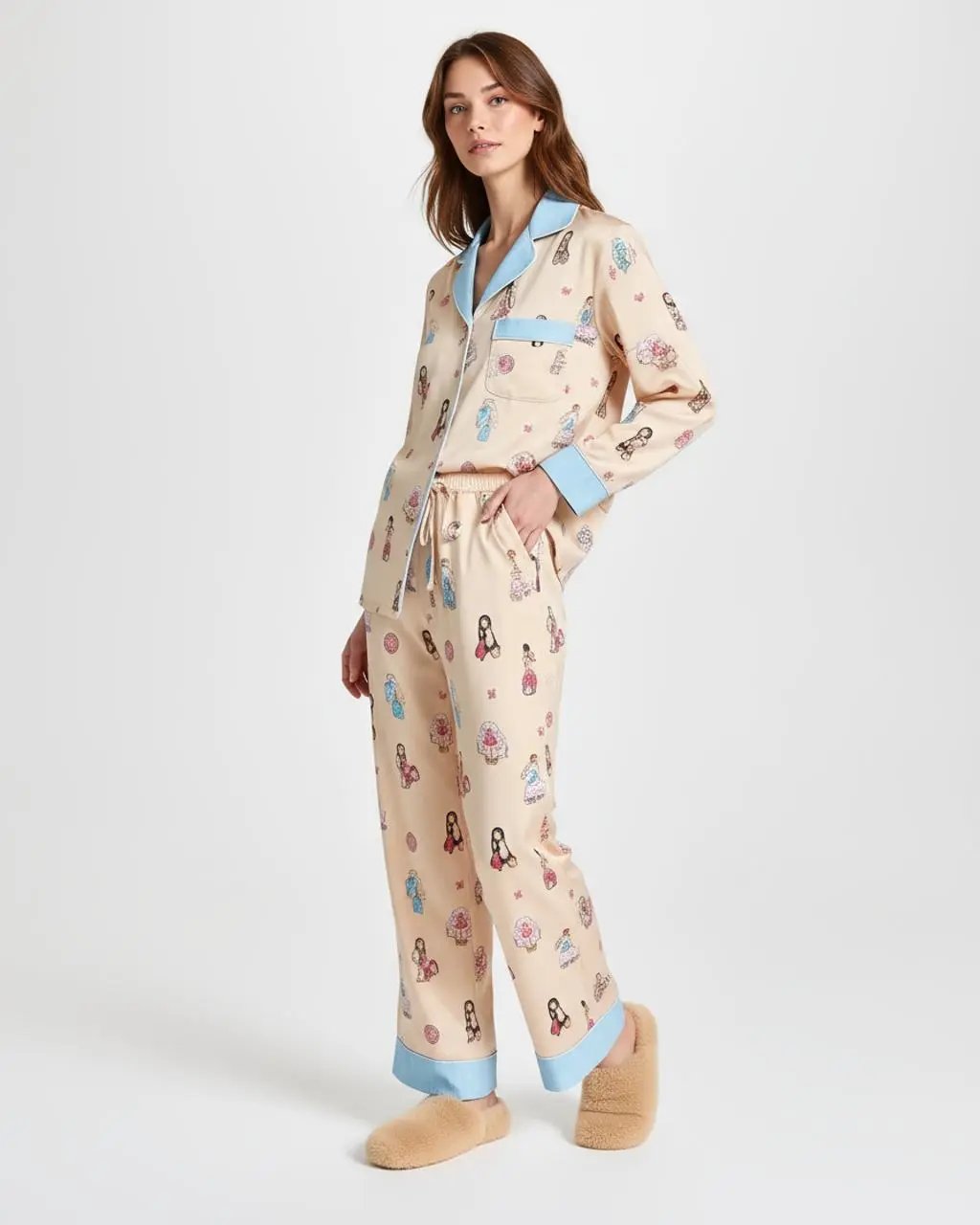 Doll Print Blue Trim Pajama Set OMFORT