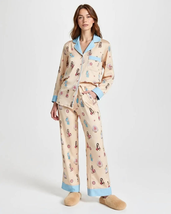 Doll Print Blue Trim Pajama Set OMFORT