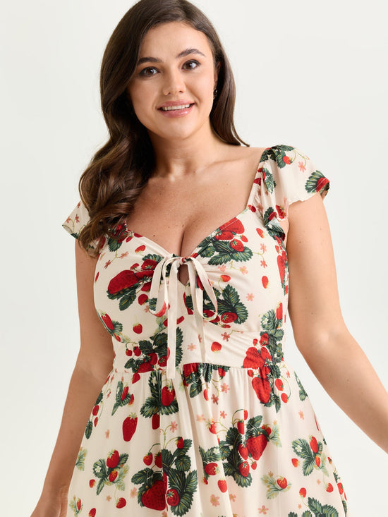 Strawberry Print Ruched Adjustable Bodice Midi Dress OMFORT
