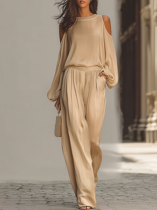 Off-the-shoulder Lantern Sleeve Satin Wide-leg Suit omfort