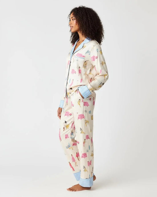 Character Print Blue Stripe Lapel Pajamas OMFORT