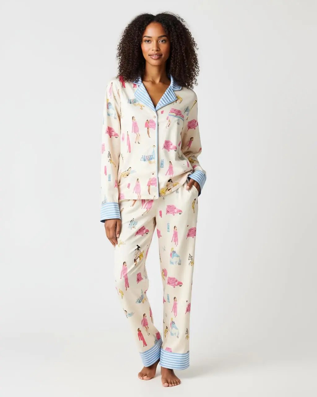 Character Print Blue Stripe Lapel Pajamas OMFORT