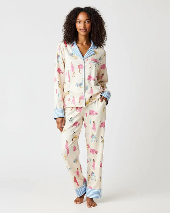 Character Print Blue Stripe Lapel Pajamas OMFORT