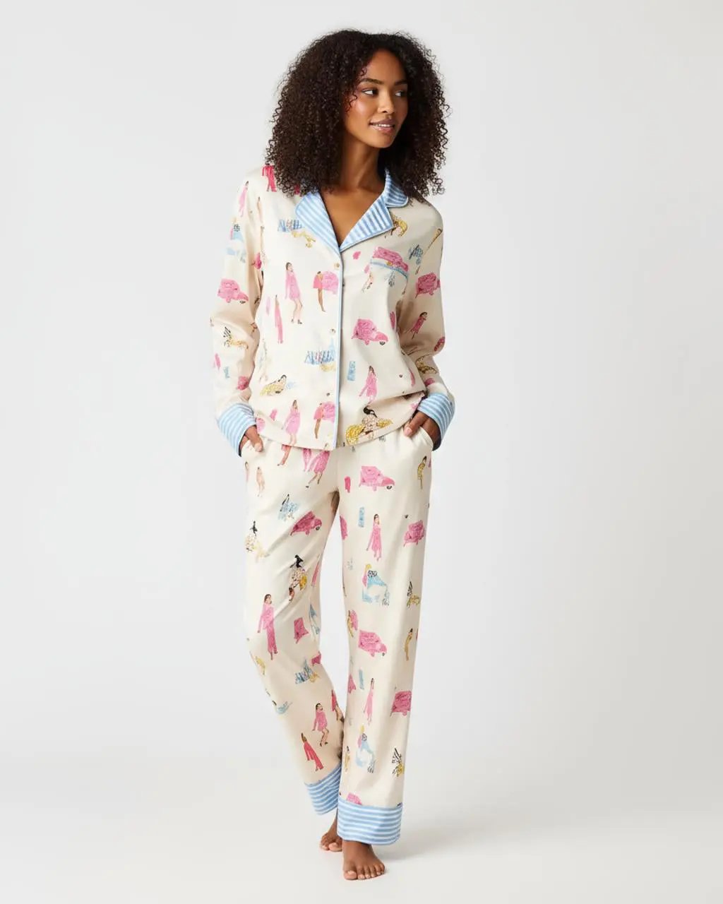 Character Print Blue Stripe Lapel Pajamas OMFORT