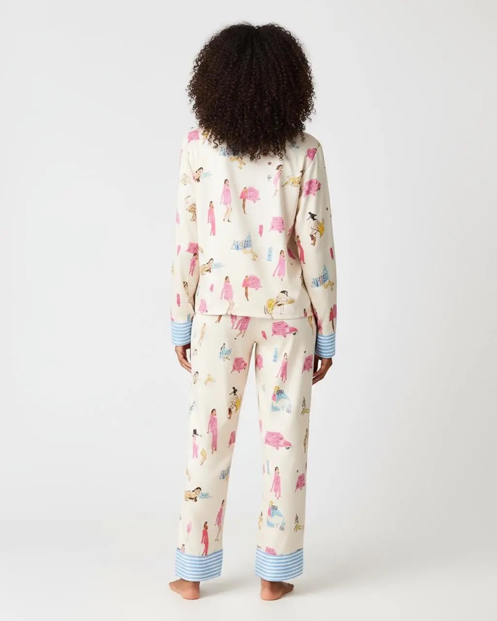 Character Print Blue Stripe Lapel Pajamas OMFORT