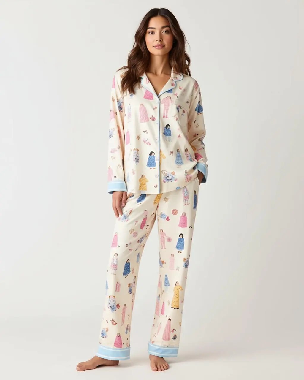 Character Print Blue Trim Lapel Pajama Set OMFORT