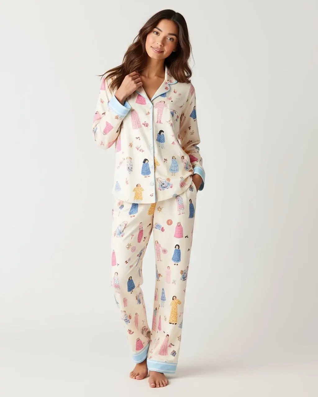 Character Print Blue Trim Lapel Pajama Set OMFORT