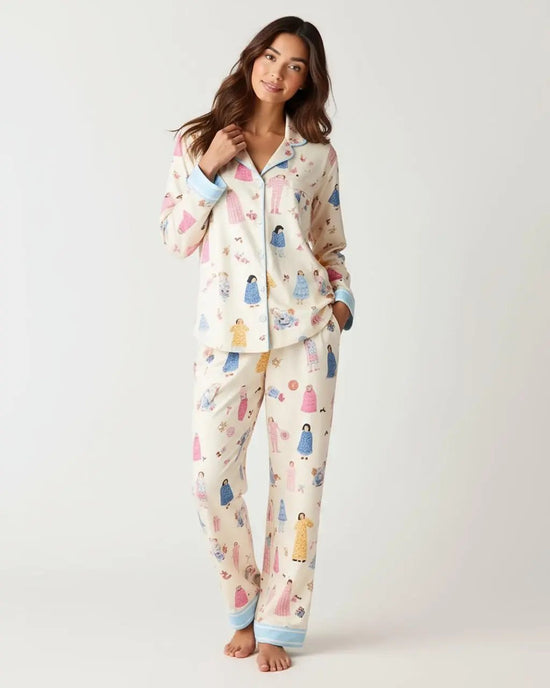 Character Print Blue Trim Lapel Pajama Set OMFORT