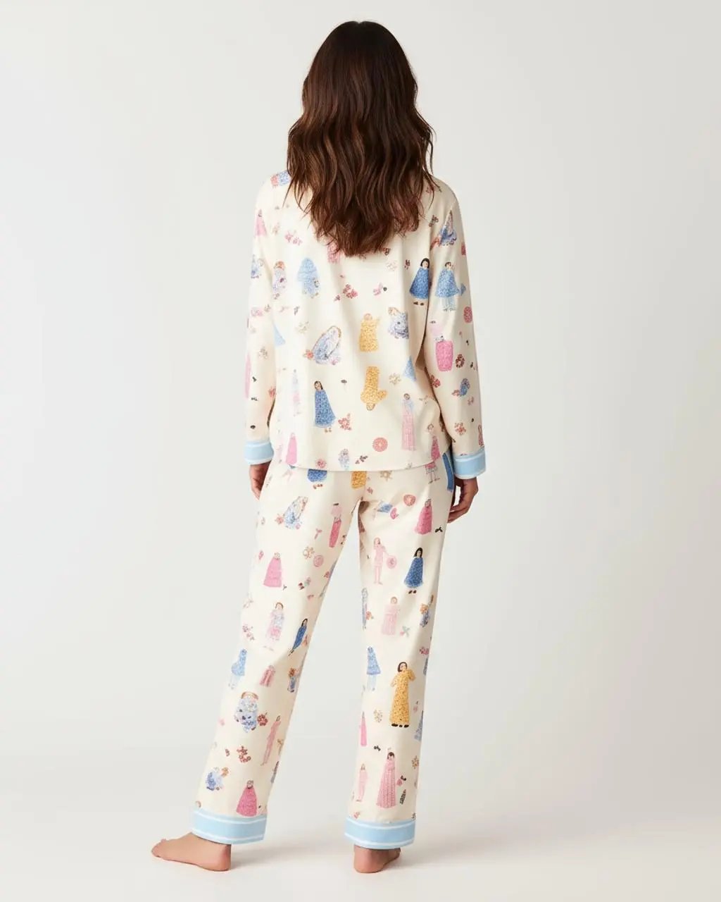 Character Print Blue Trim Lapel Pajama Set OMFORT