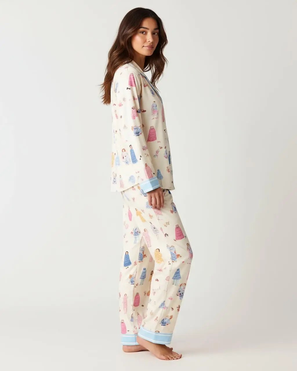 Character Print Blue Trim Lapel Pajama Set OMFORT