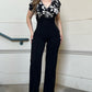 Colorblock Floral Print Spliced Deep V Neck Puff Sleeve Slim Fit Overalls Elegant Ruched Zipper Back Jumpsuit Omfort