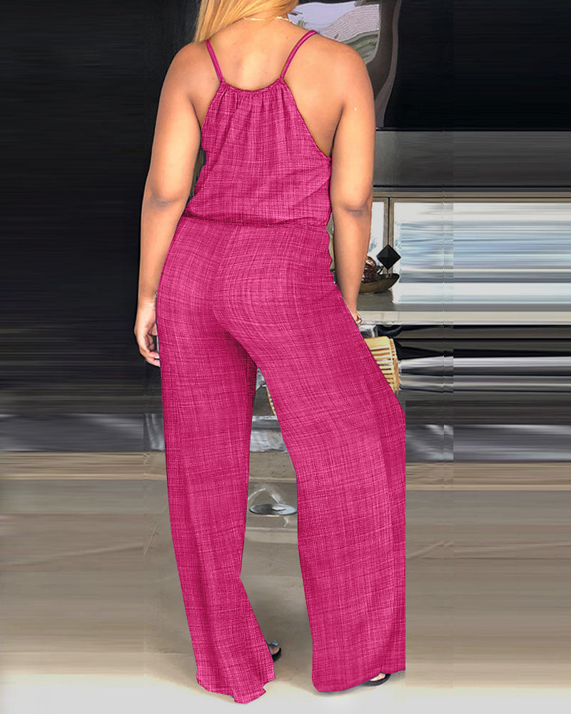 Spaghetti Strap Drawstring Tied Waist Jumpsuit Casual Overalls OMFORT