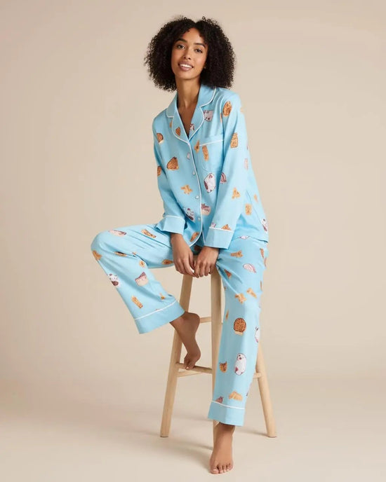 Blue Sweet Print Loose Lapel Pajama Set OMFORT