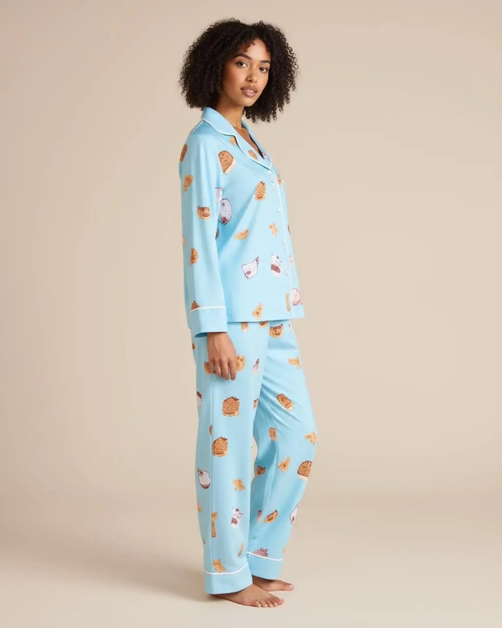 Blue Sweet Print Loose Lapel Pajama Set OMFORT