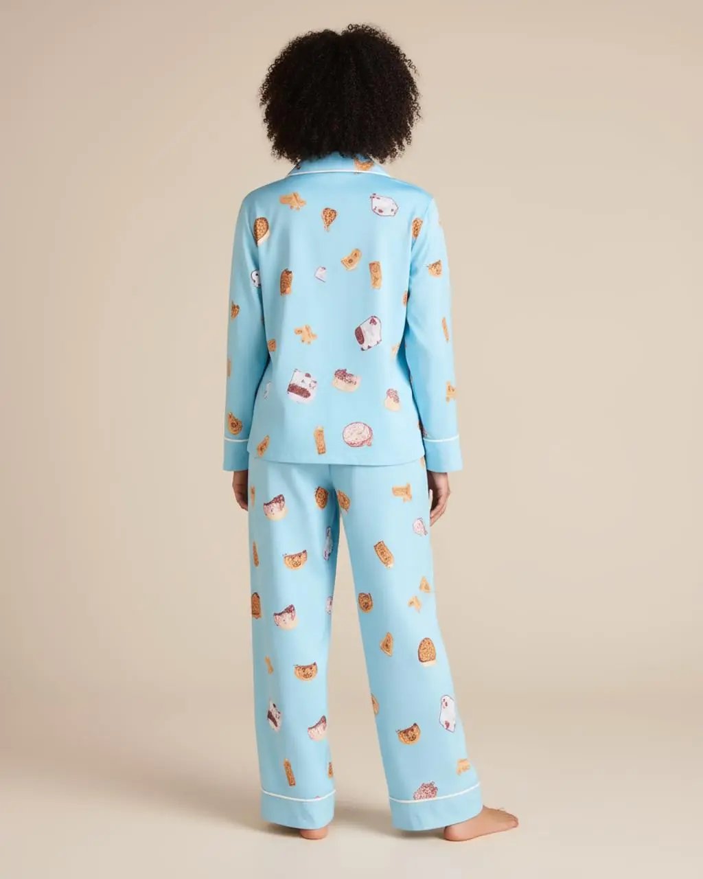 Blue Sweet Print Loose Lapel Pajama Set OMFORT